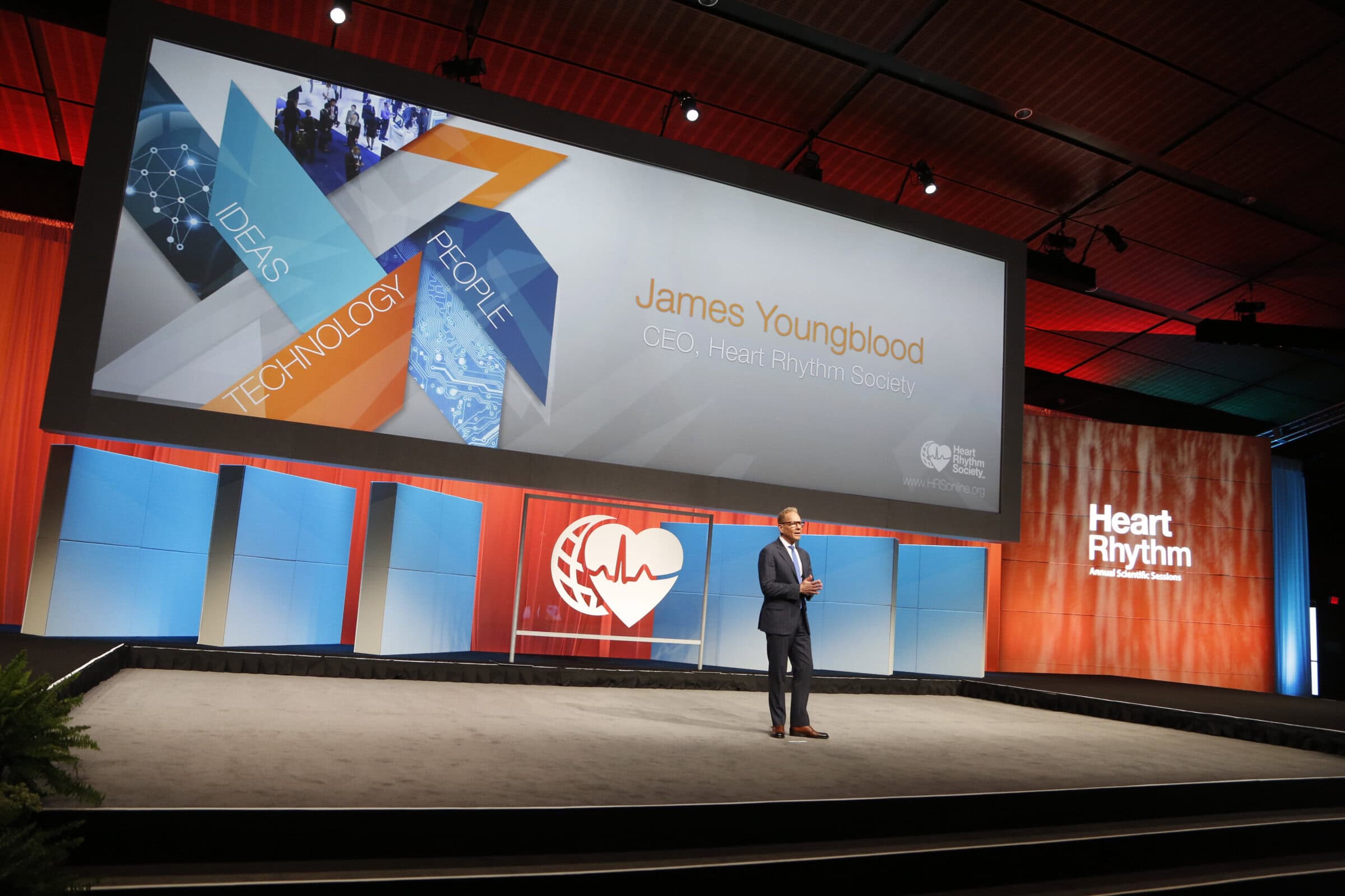 Boston, MA - The AACR 2015 Annual Meeting - HRS CEO James Youngblood speaks during the Opening Plenary Session at the Heart Rhythm Society's 36th Annual Scientific Sessions here today, Wednesday May 13, 2015. More than 15,000 physicians, researchers, health care professionals and patient advocates are expected to attend the meeting at the Boston Convention Center. The Annual Meeting highlights the latest findings in all major areas of the field cardiac pacing and electrophysiology. Photo by © HRS/Todd Buchanan 2015 Contact Info: todd@medmeetingimages.com Keywords: